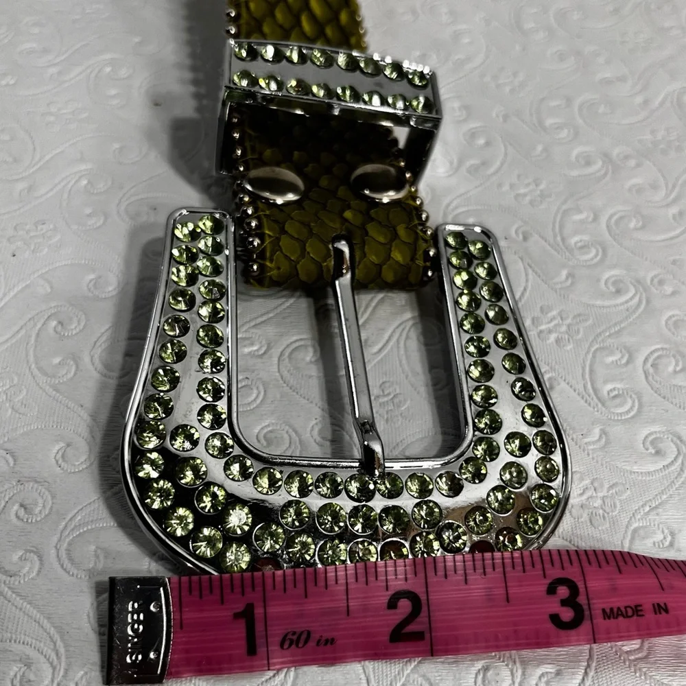 Genuine Leather Rhinestone Belt Western Cowgirl Green Sparkly Bling Belt Small M